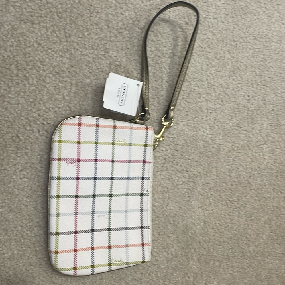 NEW Coach Peyton Heritage Multicolor Tattersall Logo Script Wristlet Pouch